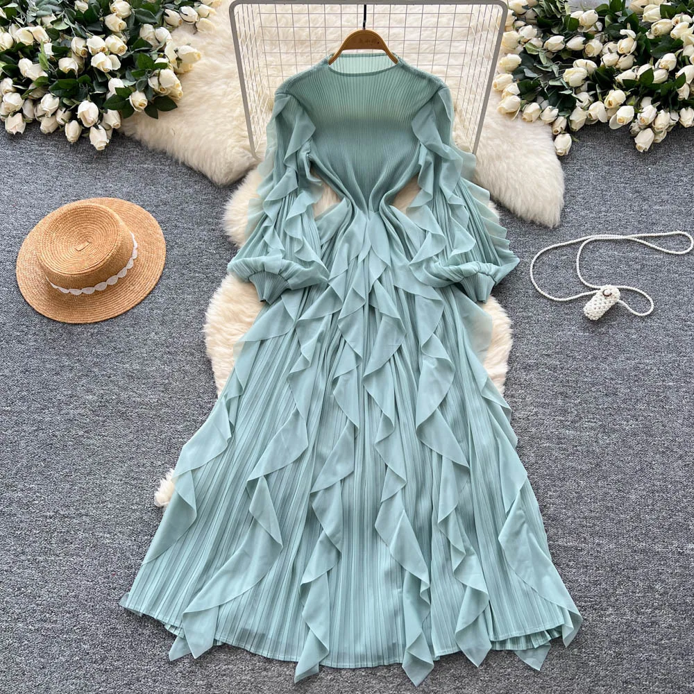 

Long Dress Women Dresses Ruffles High Waist Vestidos Streetwear Round Neck Lantern Sleeve Elegant Splice Y2k Work Party 2025
