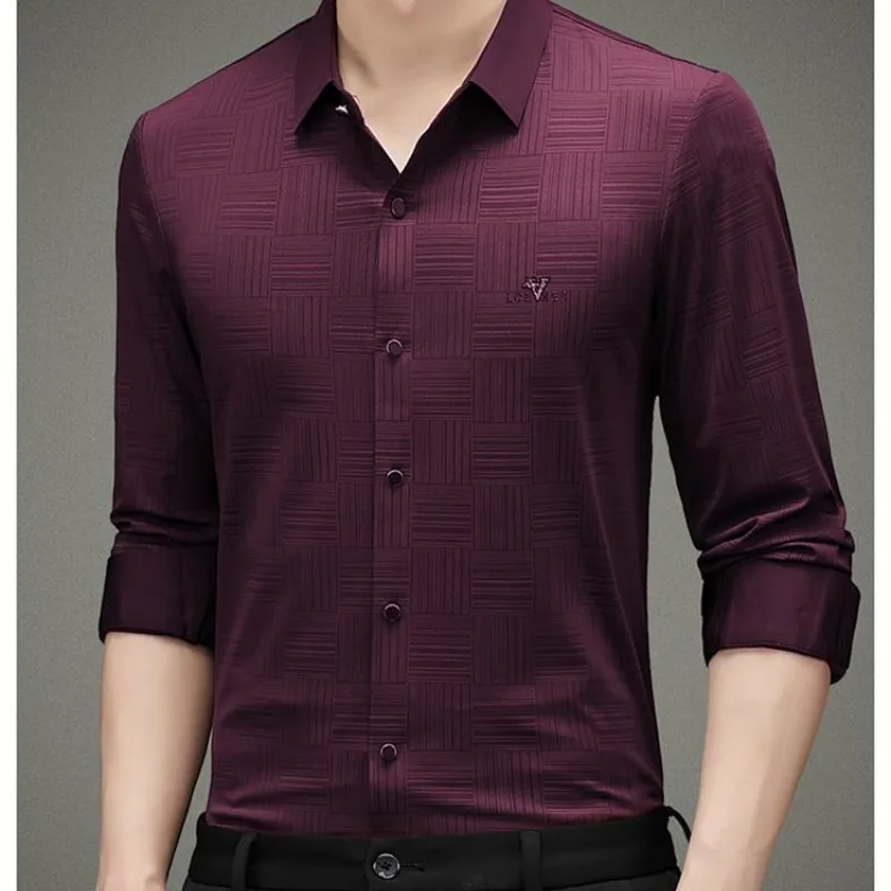 Spring and Autumn Men's Polo Collar Single Breasted Cardigan Plaid Embroidery Solid Color Long Sleeve T-shirt Bottom Shirt Tops