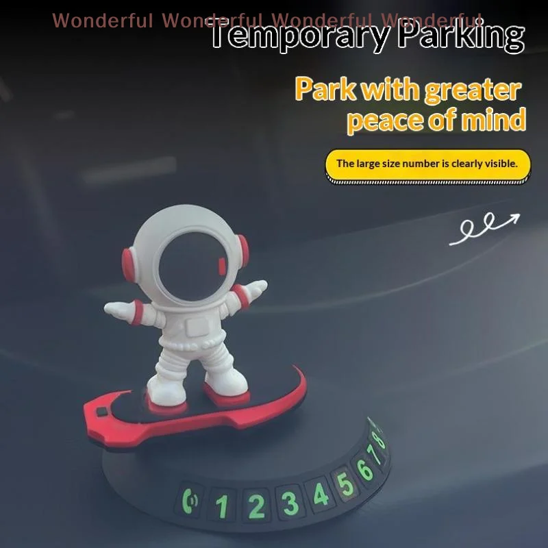 

Creative Rotating Astronaut Car Ornament with Skateboard Temporary Parking Number Card for Dashboard Convenient Parking