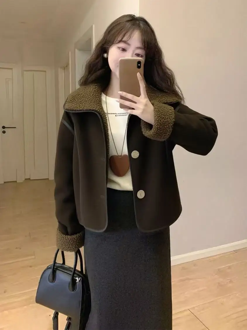 

Зимняя женская утепленная куртка 2025 года с флисовой подкладкой из овечьего меха, воротником-стойкой, вставками из кожи и меха, повседневная, свободного кроя