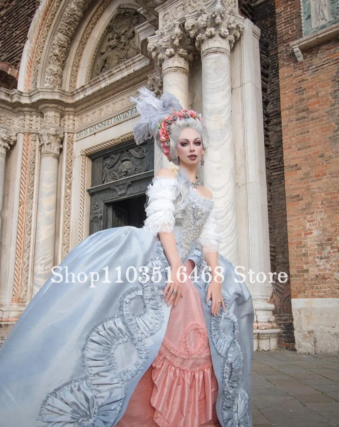 Historic Medieval Evening Dresses Sky Blue Strapless Corset Appliquéd Court Queen Long Venice Halloween Vestidos De Festa