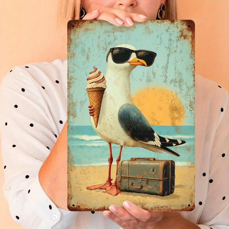 

2D Flat - 2D Retro Coastal Metal Wall Decor - Iron Seagull with Ice Cream Stylish Glasses Design, Rustic Beach Home Decoration