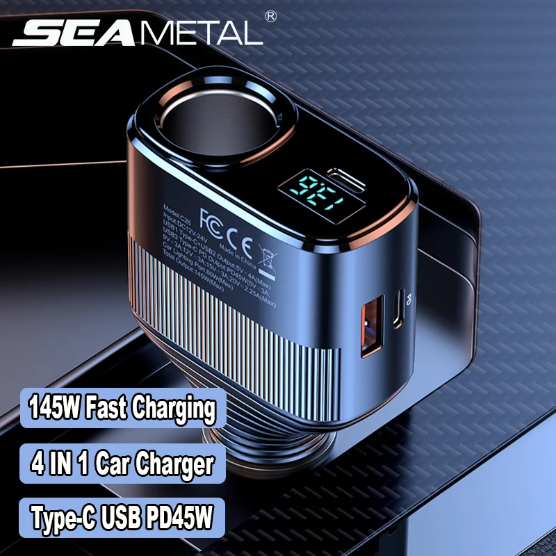 Автомобильное зарядное устройство Seametal 145 Вт с быстрой зарядкой PD 45 Вт, USB-доставка питания для автомобилей, телефона