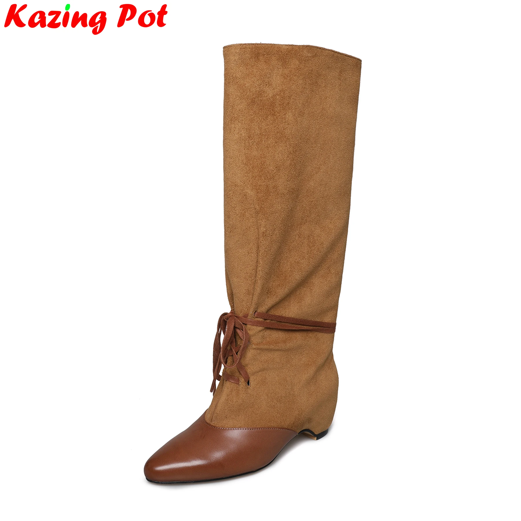 2027 Cow Skin Pointed Toe Increasing High Heels Modern Boots Warm Winter Shoes Catwalk Dating Patwork Brand Women Mid-calf Boots
