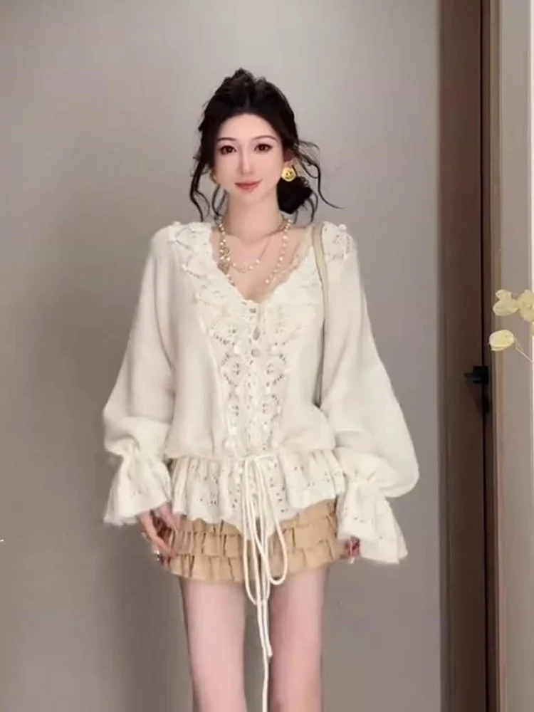 Women's V-Ne Long Sve Knitted Sweater with Dstring Hollow out Design Early Autumn Faion Small ence Top