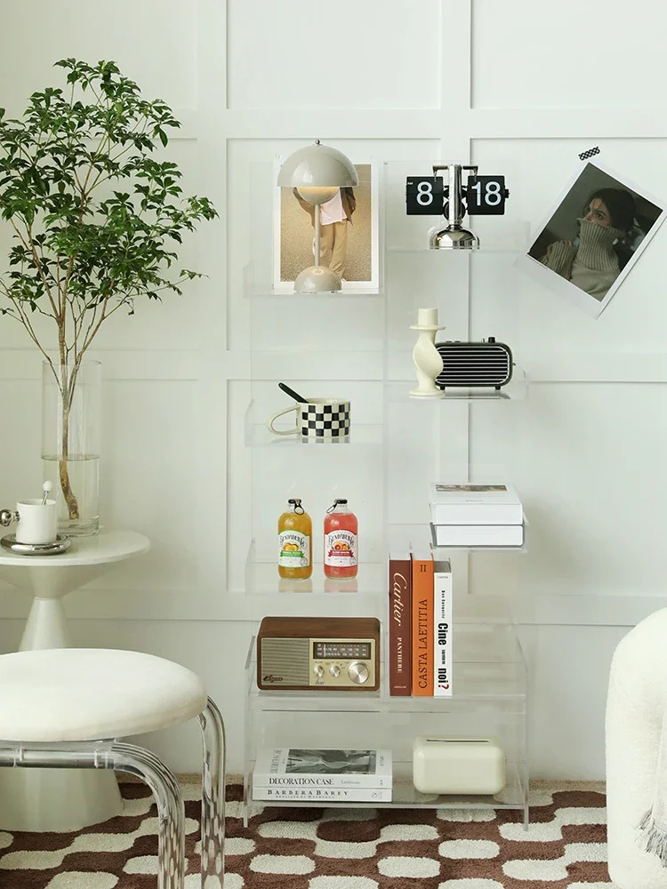 Scandinavian style light luxury shelves, acrylic living room storage display shelves, designer multi-layer floor-to-ceiling book