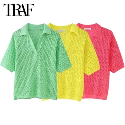 TRAF Women Knit Short Sleeve Pullovers Pointelle Hollow Out Shirt Summer 2024 Lady Loose Blouse Elegant Lapel Collar Polo Shirts