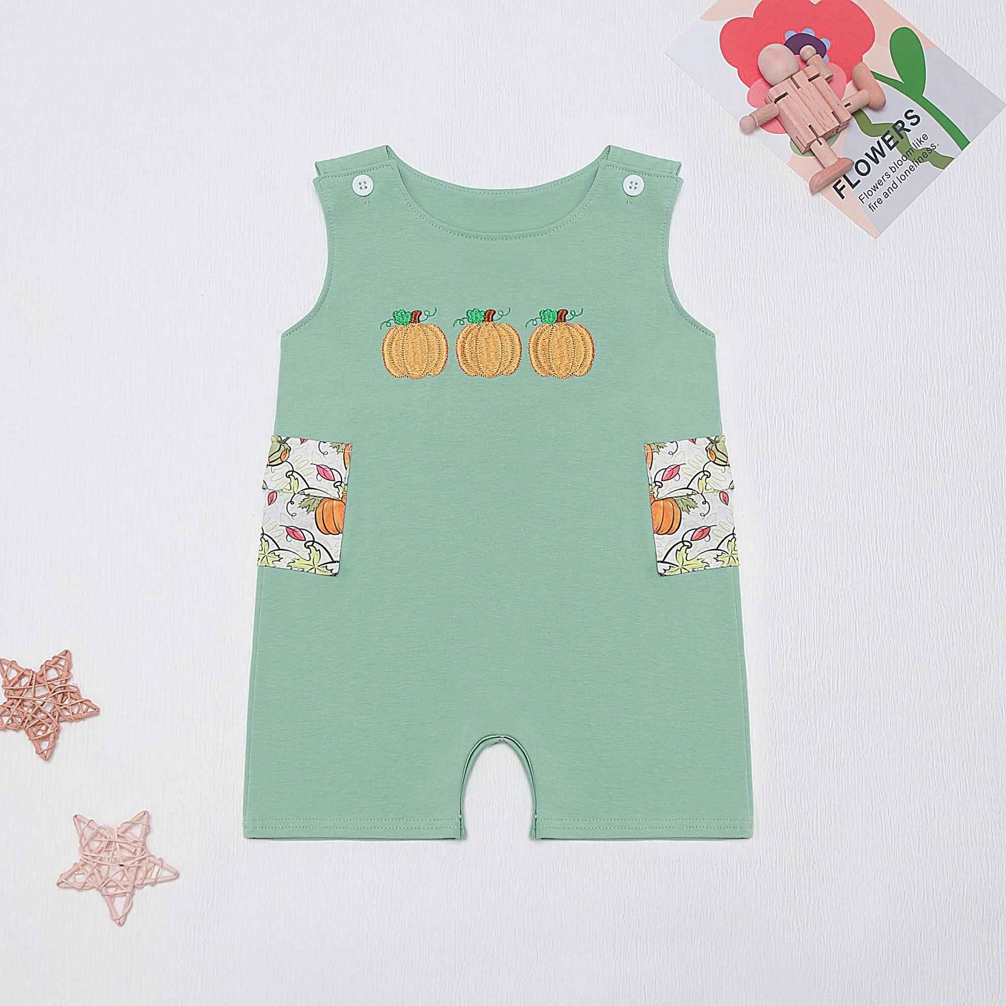 Boutique Sleeveless Set Round Neck Cute Pumpkin Embroidery Boy Green Top Clothes And Printing Pants With Girls Sister Romper