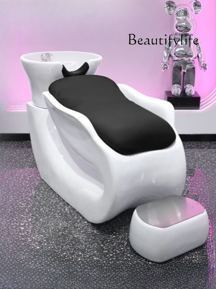 Barber Shop Shampoo Chair Simple Lying Half Ceramic Basin FRP Hair Flushing Bed for Hair Salon