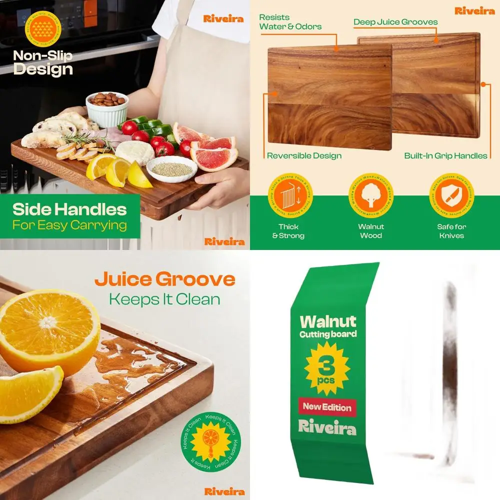 

3-Piece Walnut Chopping Board Set - Durable Rectangular Kitchen Cutting Boards - Natural Wood for Versatile Use