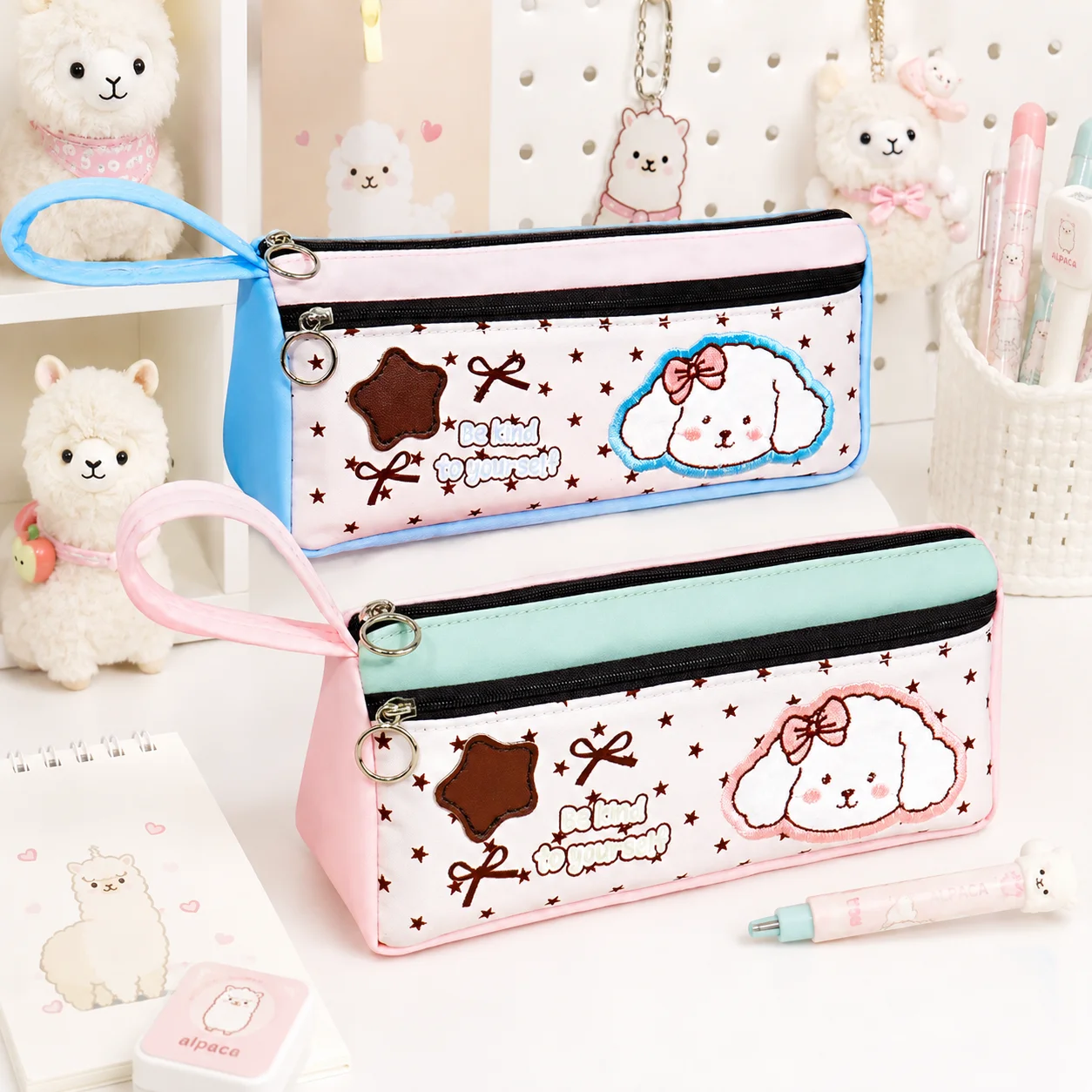 Cute Cartoon Dog Pencil Case Large Capacity Multi Compartment Pen Bag with Front Zipper Pocket Wrist Strap Kawaii Stationery Org