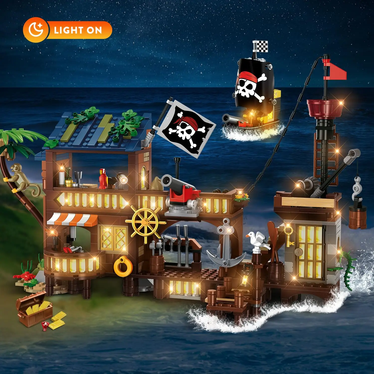 HOGOKIDS Pirate Ship Wharf Building Toy with LED–Medieval Pirate House BuildingBlock Set, Architecture for Kids6+  Birthday Gift