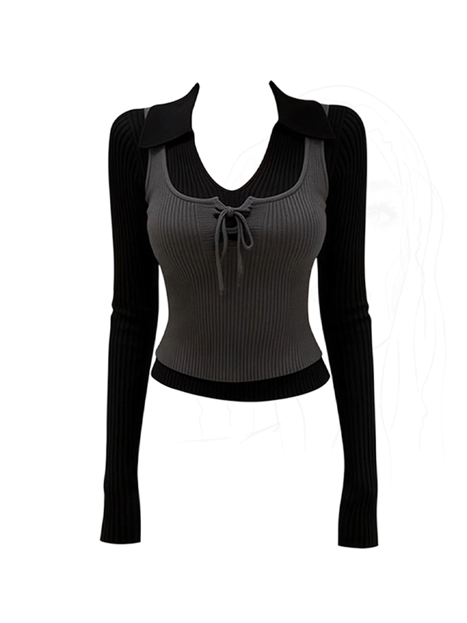 

Женская черная готическая футболка Y2k, комплект из 2 предметов, винтажная футболка Harajuku Gyaru Emo, футболки с длинными рукавами в корейском стиле, одежда 2000-х годов