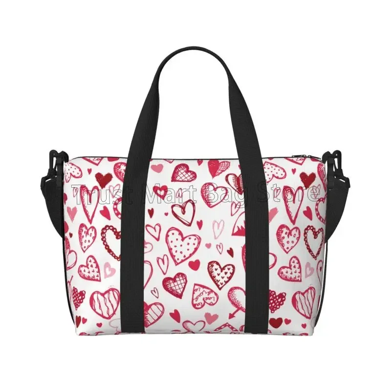 Red Love Hearts Pattern Travel Duffel Bag for Women Workout Weekender Overnight Bags Large Capacity Waterproof Luggage Handbag