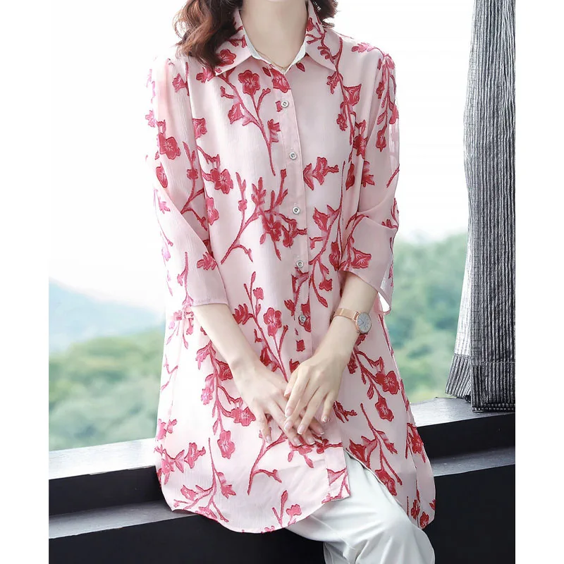 Elegant Fashion Printed Single-breasted Blouse Summer Women\'s Clothing 3/4 Sleeve Casual Loose Polo-Neck Chiffon Shirt Female