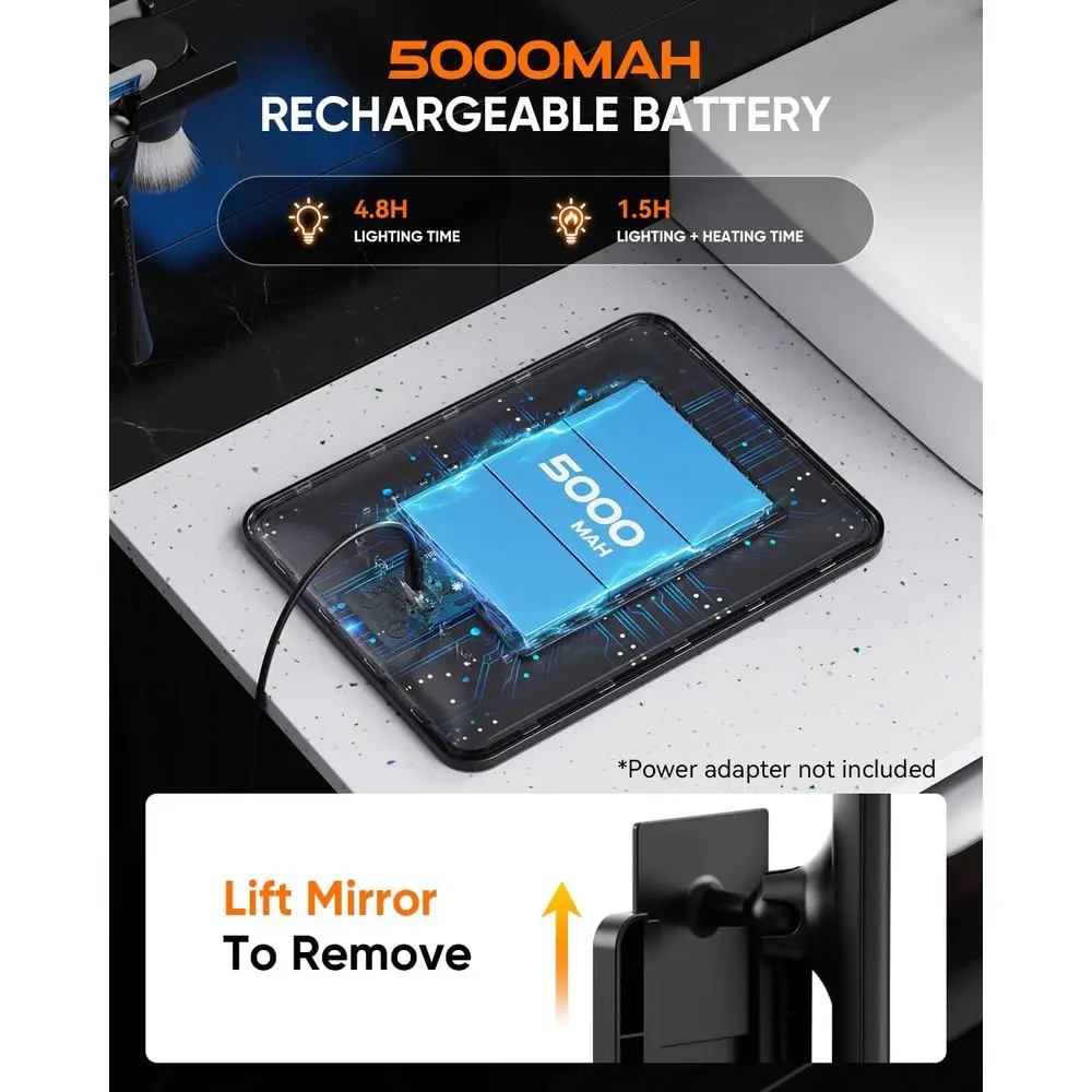 Specchio doccia antiappannamento con 3 luci colorate, porta rasoio e attenuazione continua per 2025, nessuna foratura richiesta, rimovibile - Nero