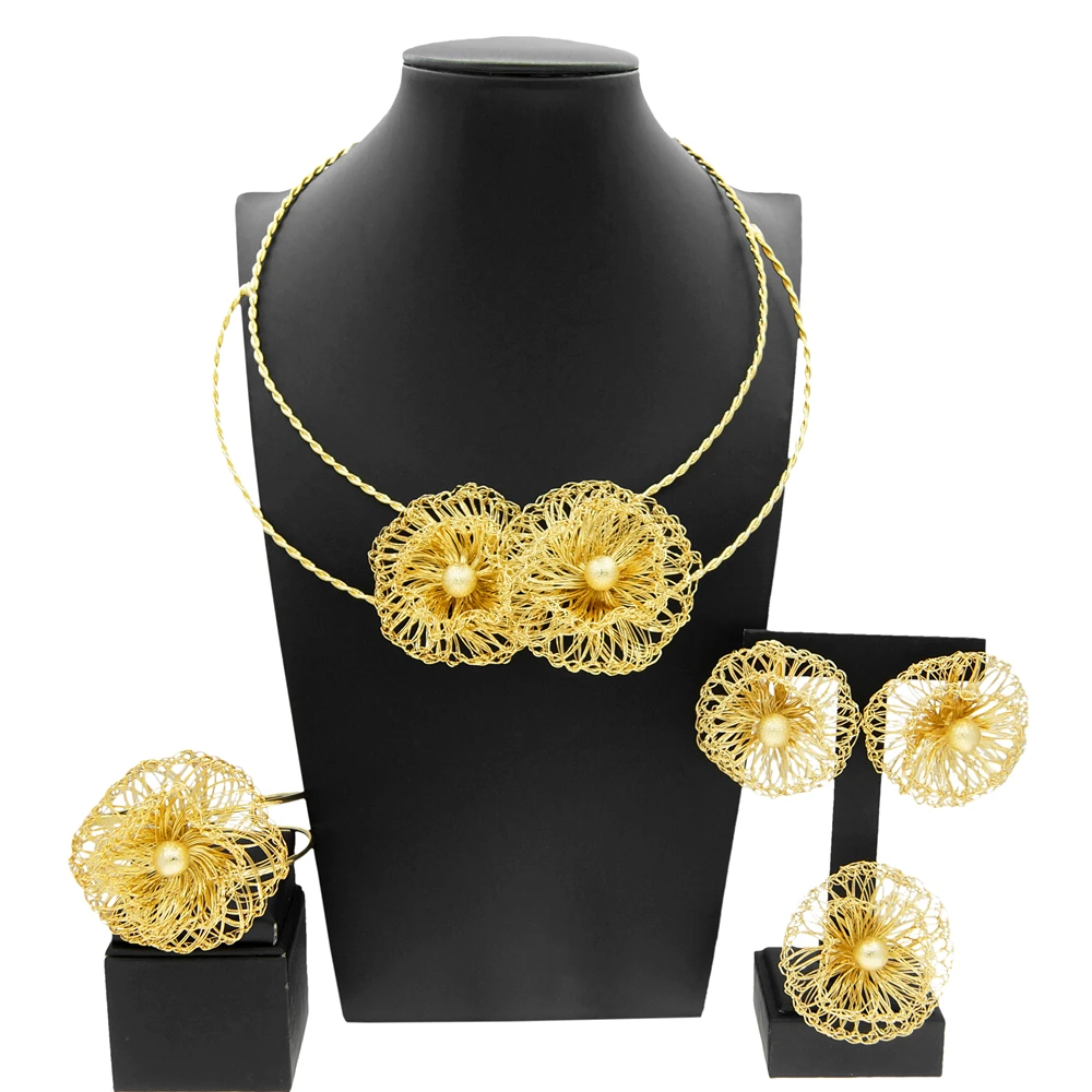 

Yulaili's new high-quality gold-plated jewelry four-piece set of hollow flowers sweet vitality girl birthday gift exquisite gift