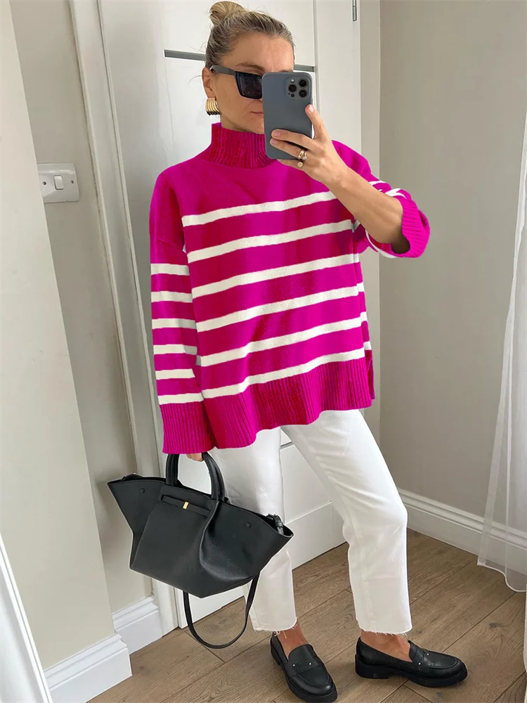 Stripe Print Turtleneck Sweater Knitting Pull Femme Jumpers Women Knitted Long Sleeve Basic Tops Fall 2024 Winter Knit Sweaters