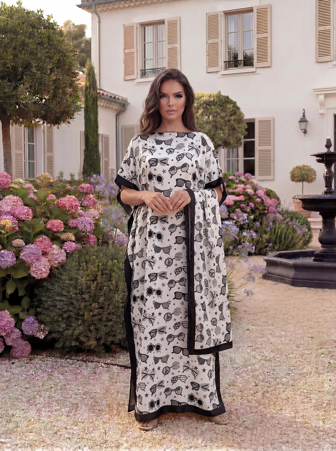 Sunglasses Print Satin Abaya Scarf Set, Loose Batwing Maxi Kaftan for Muslim Women Summer Beach Holiday Wear