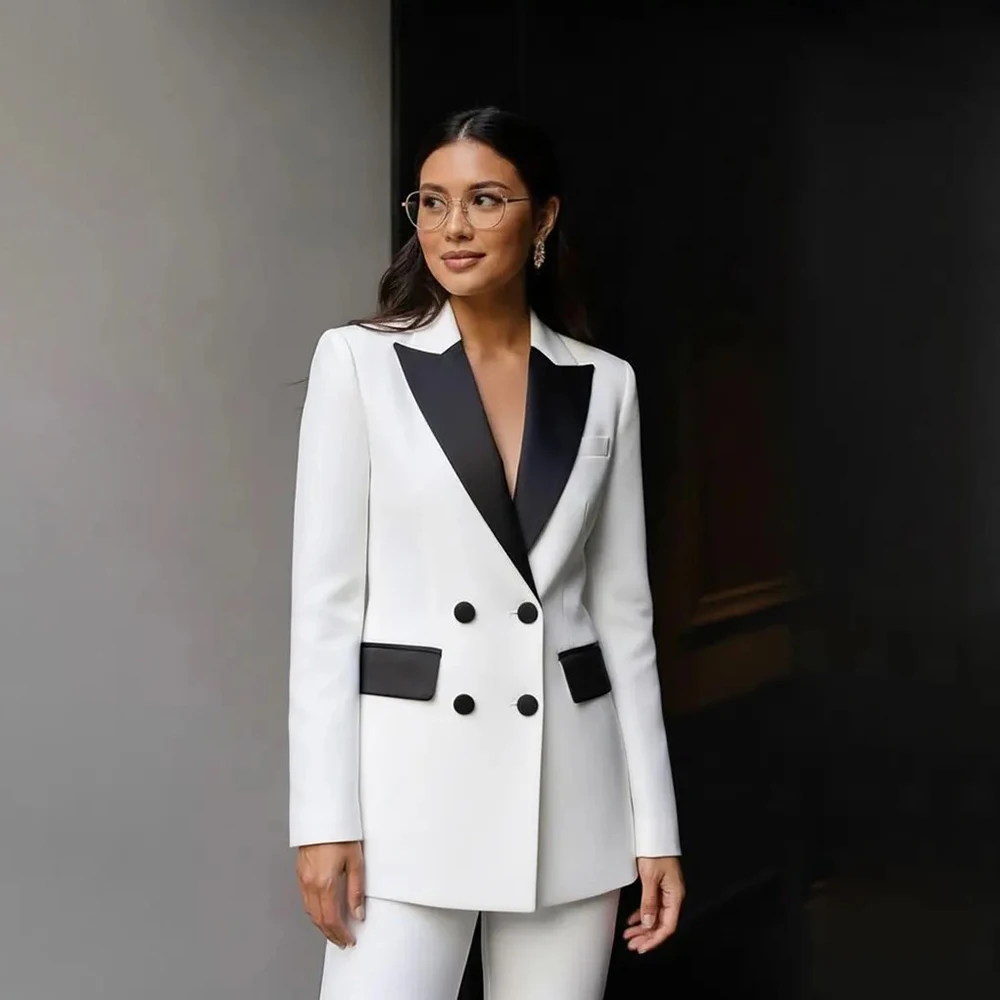 

Formal Office Lady White Women's Suits 2 Piece High Quality Double Breasted Black Peak Lapel Blazer Office Work Outfits Costume