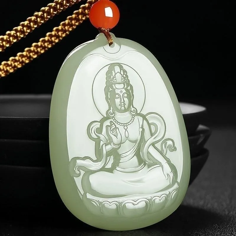 

Qingshui Guanyin Brand Pendant, Men's Natural Duck Egg Green Classic Guanyin Jade Brand