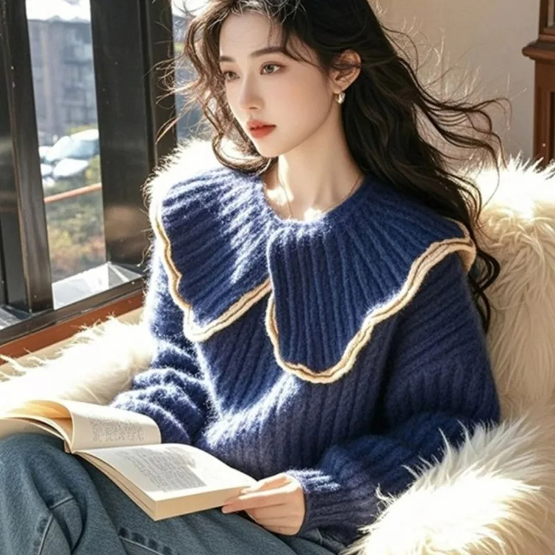 Solid Color Long Sleeve Pullover Doll Collar Women's Autumn and Winter Thread Casual Fashion Loose Sweater Knitted Top
