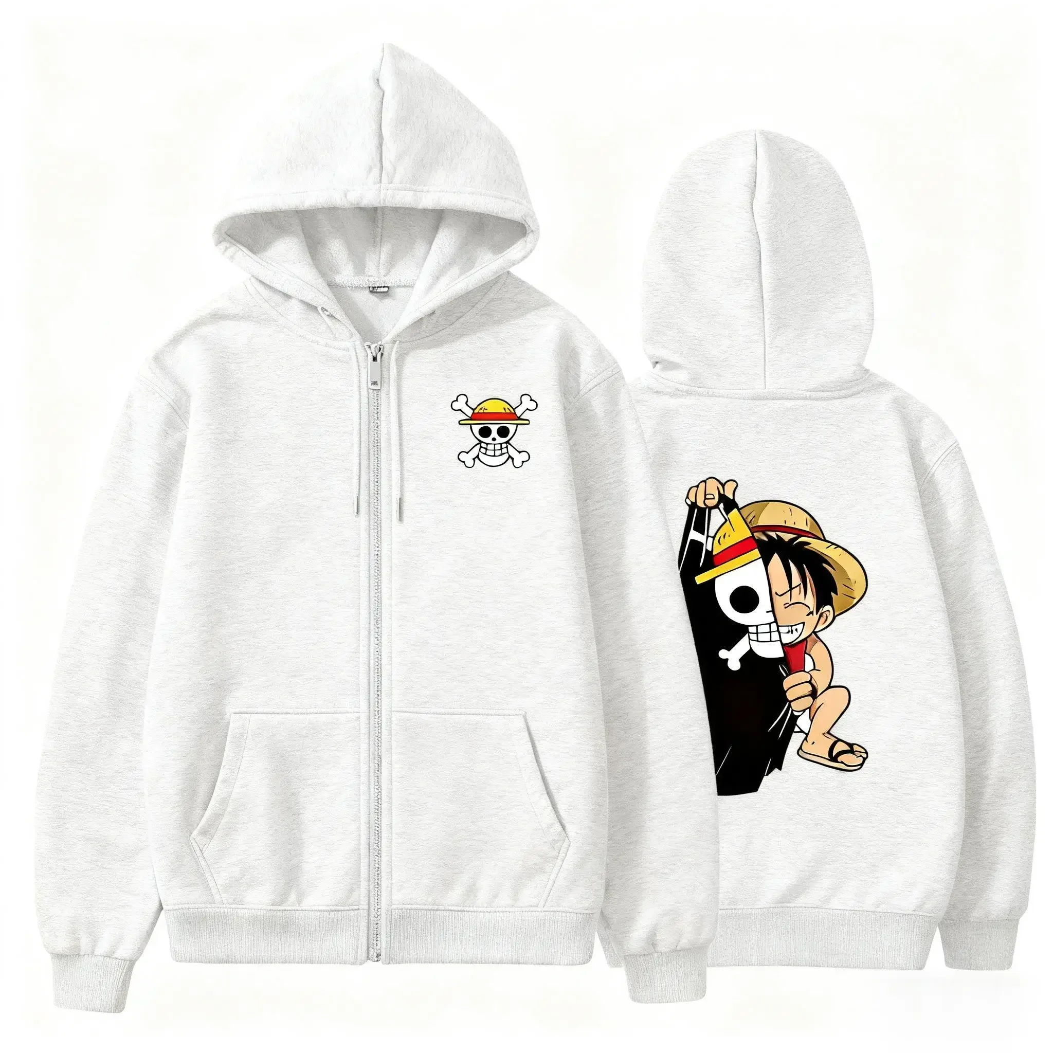 2026 New Oversized One Piece Luffy Zip-up Hooded Sweatshirt winter Casual Top Anime Print Long Sleeves Jacket Streetwear Unisex