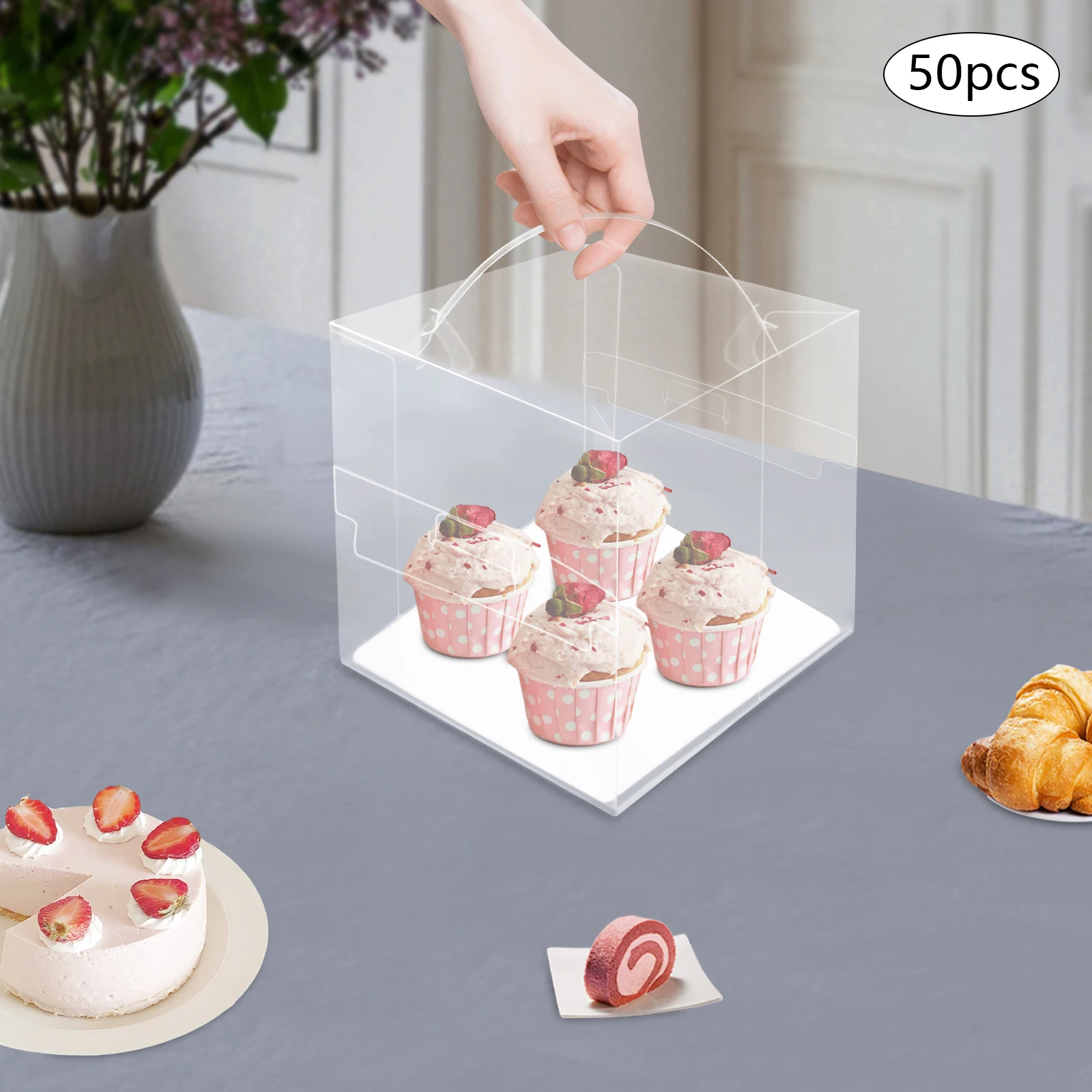 

50 PCS Clear Cake Boxes 4/5in Square Cake Boxes Pet Cake Carrier with Handle Dessert Packing Boxes for Christmas Birthday Weddin