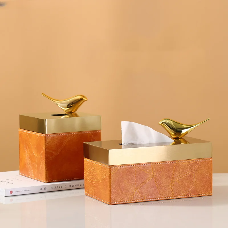 

Light Luxury Leather Tissue Box Golden Bird Magnetic Rectangular Storage Drawers Living Room Coffee Table Decoration Accessories