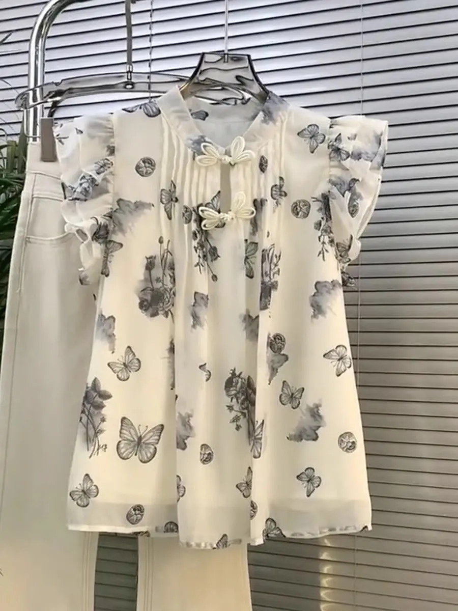 Sommer chinesische Knoten Knopf T-Shirt neue Frauen süße Schmetterling Druck Chiffon Blusen Femme All-Match coole dünne Bluse Tops