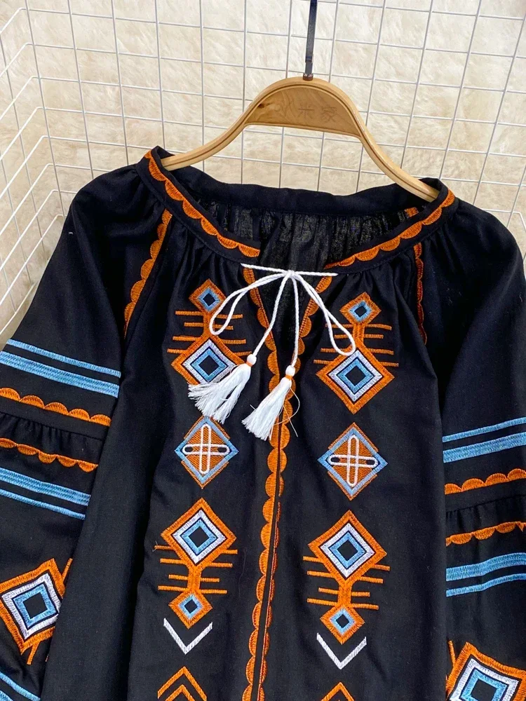 New Women Spring Autumn Blous Retro Loose Ethnic Style Embroidery Thin Lantern Sleeve Doll Top Female Pullover Shirt D3061