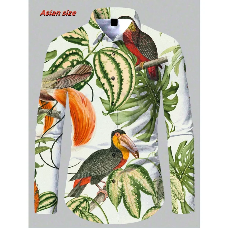 Bird Rabbit Pineapple Pattern Hawaiian Shirts For Men Flowers Leaves 3D Printed Blouse Casual Loose Aloha Shirts Long Sleeves