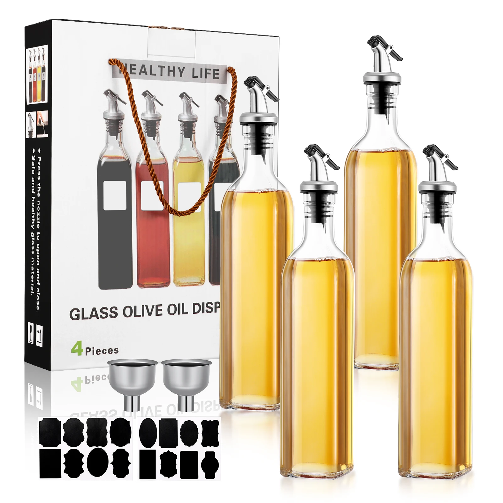 4-Pack Olive Oil Bottle Dispenser, Glass Oil and Vinegar Dispensing Bottle with Sealed Spout Stopper and Pour Spout for Kitchen