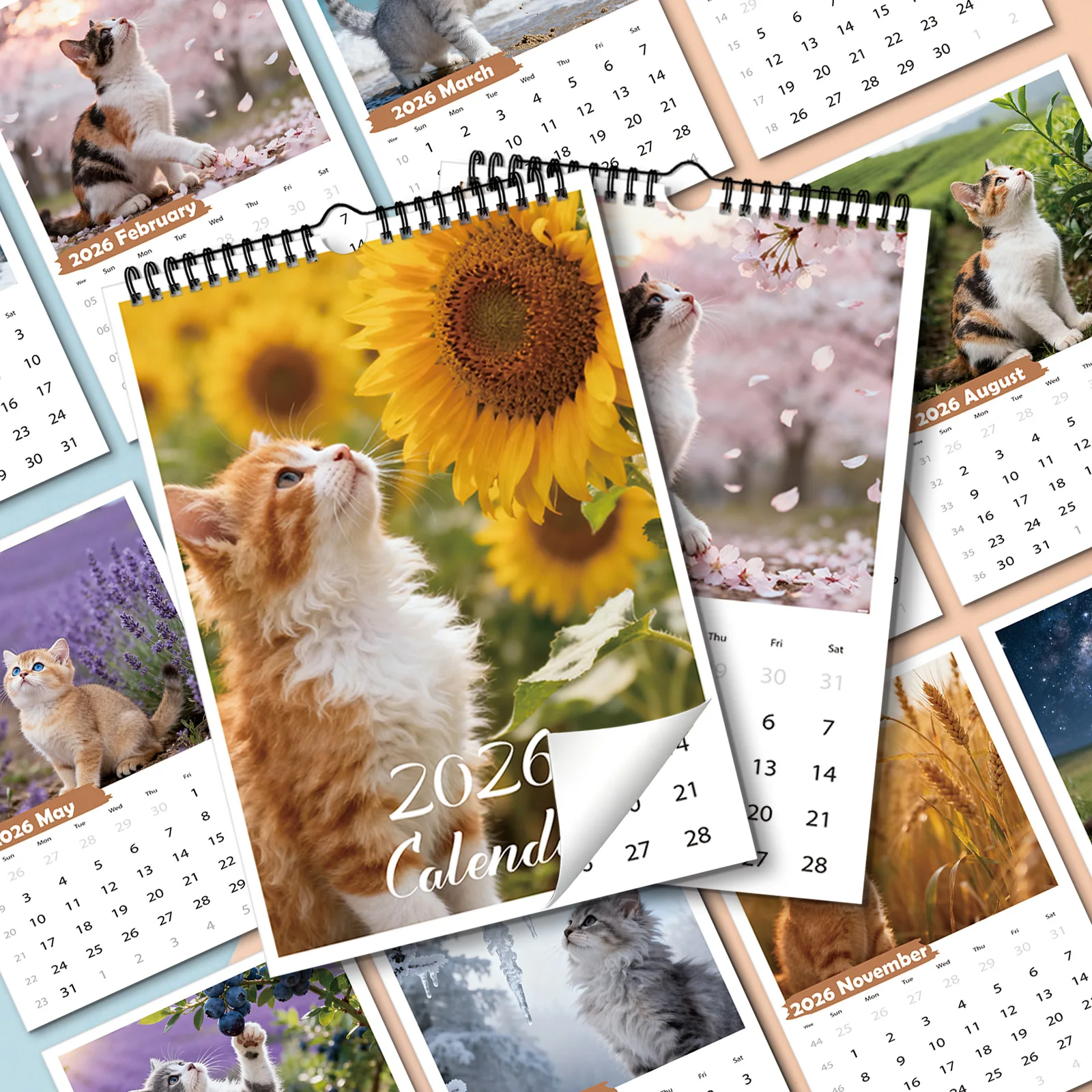 

1 шт. 2026 календарь с милым котом и подсолнухом, подходит для украшения дома, идеально подходит для любителей кошек и подарка на новое сердце