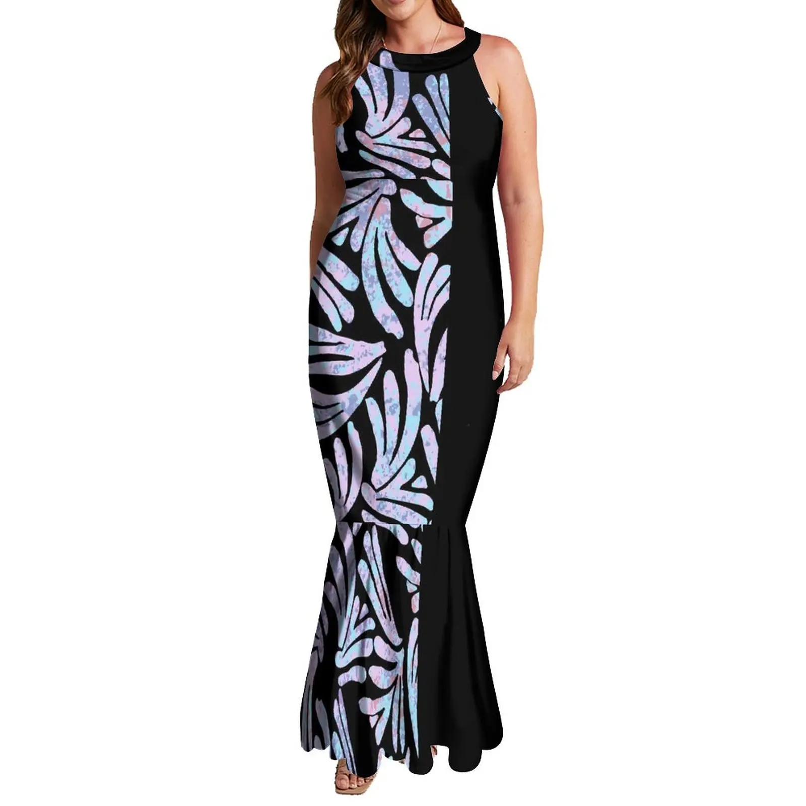 Elegante vestido de sereia polinésia feminino, sem mangas Halter Maxi, vestido de noite Fishtail, plus size, 7XL, venda quente