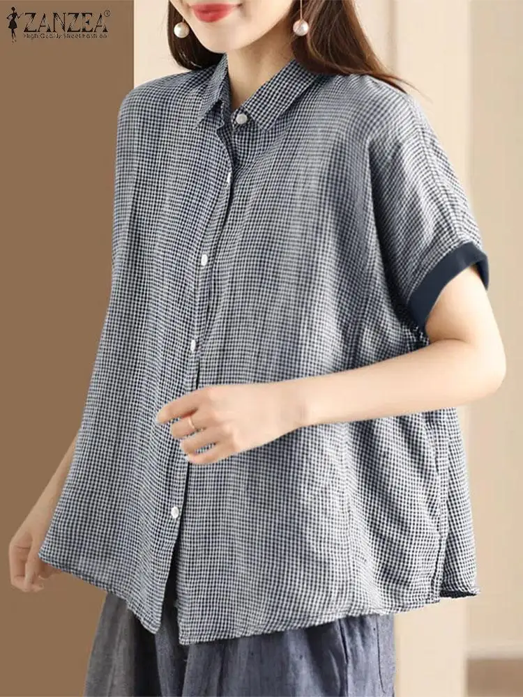 Zanzea Sommer Frauen Vintage Bluse lässig Revers Hals Kurzarm Tops lose Knöpfe bis Blusas 2024 Mode Plaid kariertes Hemd