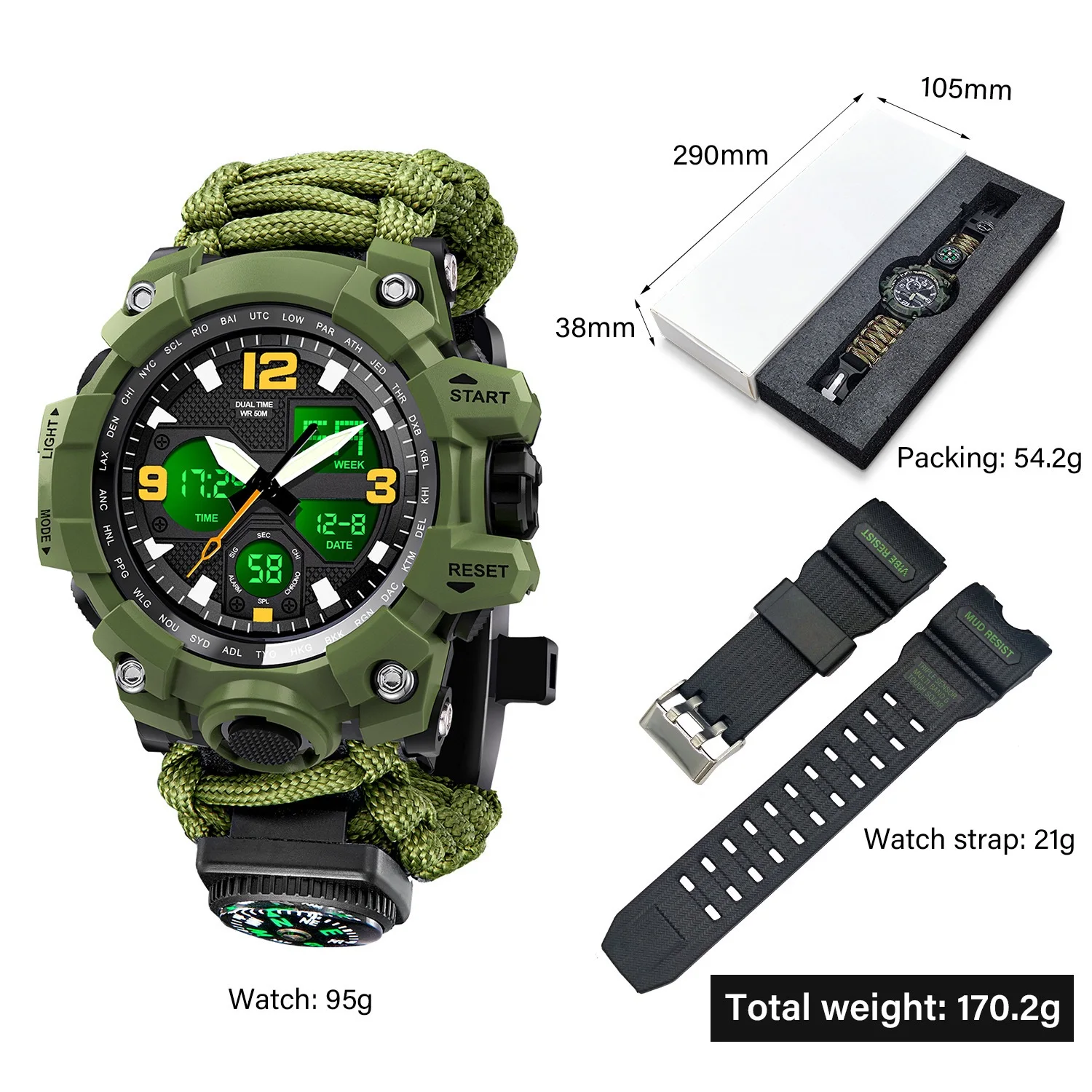 Reloj digital LED impermeable deportivo para hombre, termómetro con brújula para acampar al aire libre, reloj de cuarzo, con correa incluida