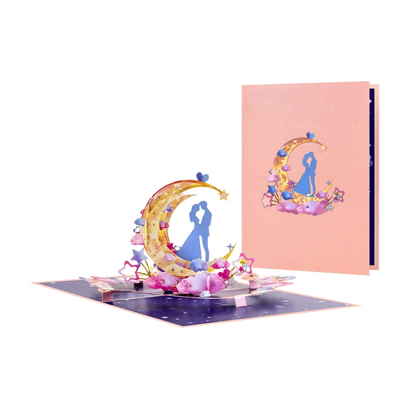 

2Pcs New Valentine's Day Love 3D Pop-Up Card Couple Moon and Star Handmade Paper Cutout Confession Card