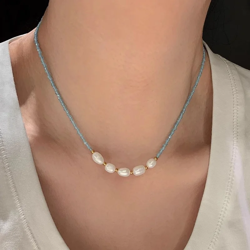 Natural Baroque Pearl Blue Glazed Stone Necklace for Women's Light Luxury Fashion Pleasant Crystal Beaded Clavicle Neck Chain