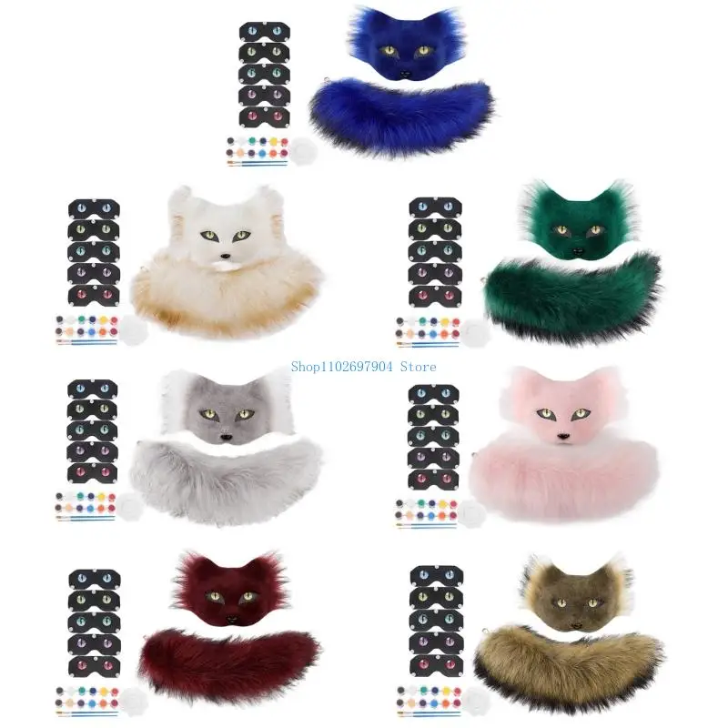 N7YF Adjustable Cats Face Mask With Matching Tail Creative Design For Halloween Costume Event And Craft Projects