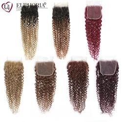 Euforia-Cabelo Humano Remy Brasileiro, Cabelo Encaracolado Kinky, Fechamento de Renda 4x4, Parte Livre e Média, Laço Suíço, Cor 27, 30, 33, 99J