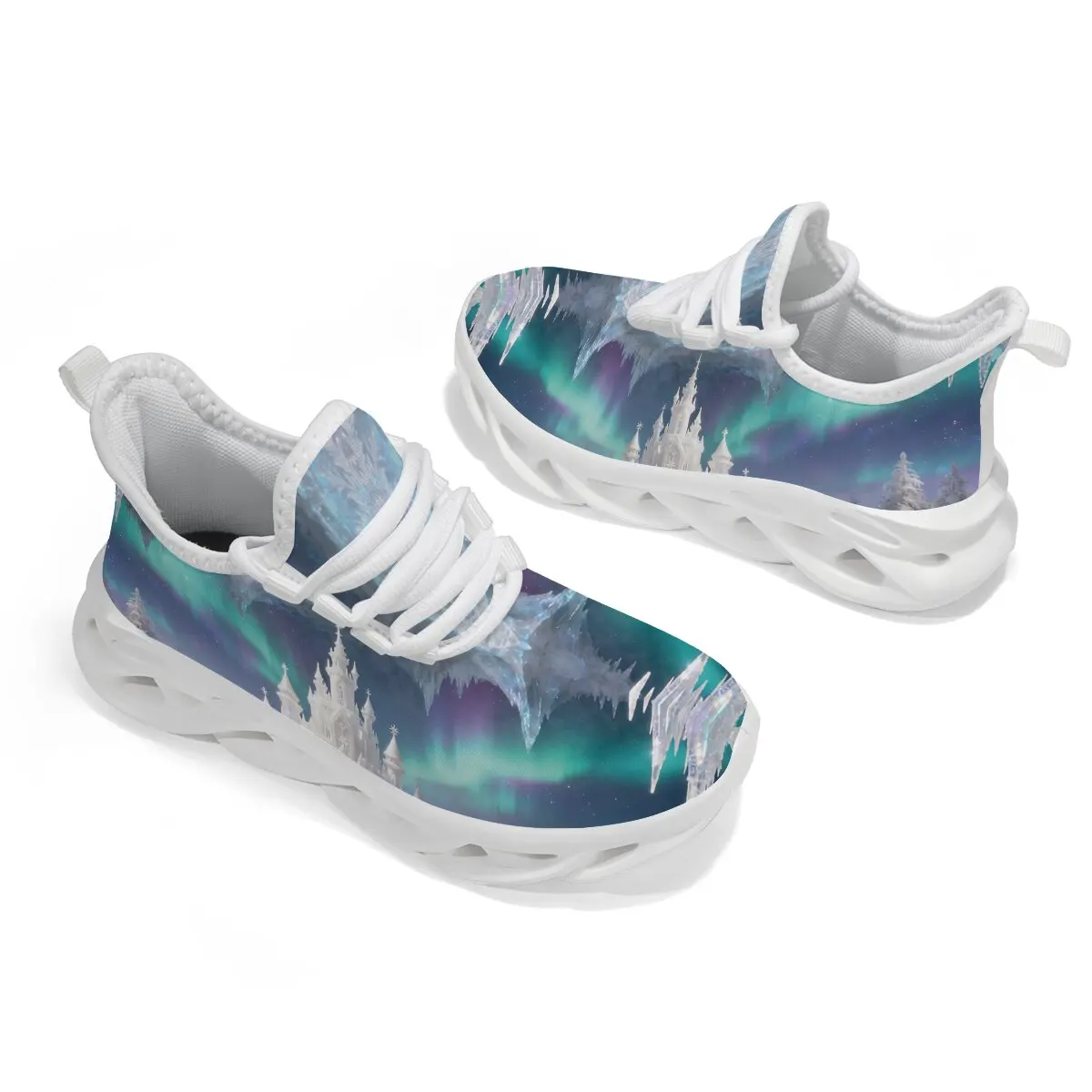 

Couple's Casual Sports Shoes Flat-heeled Lace-up Two-tone Soft Sole Christmas Snowflake Ice Castle Pattern Running Shoes