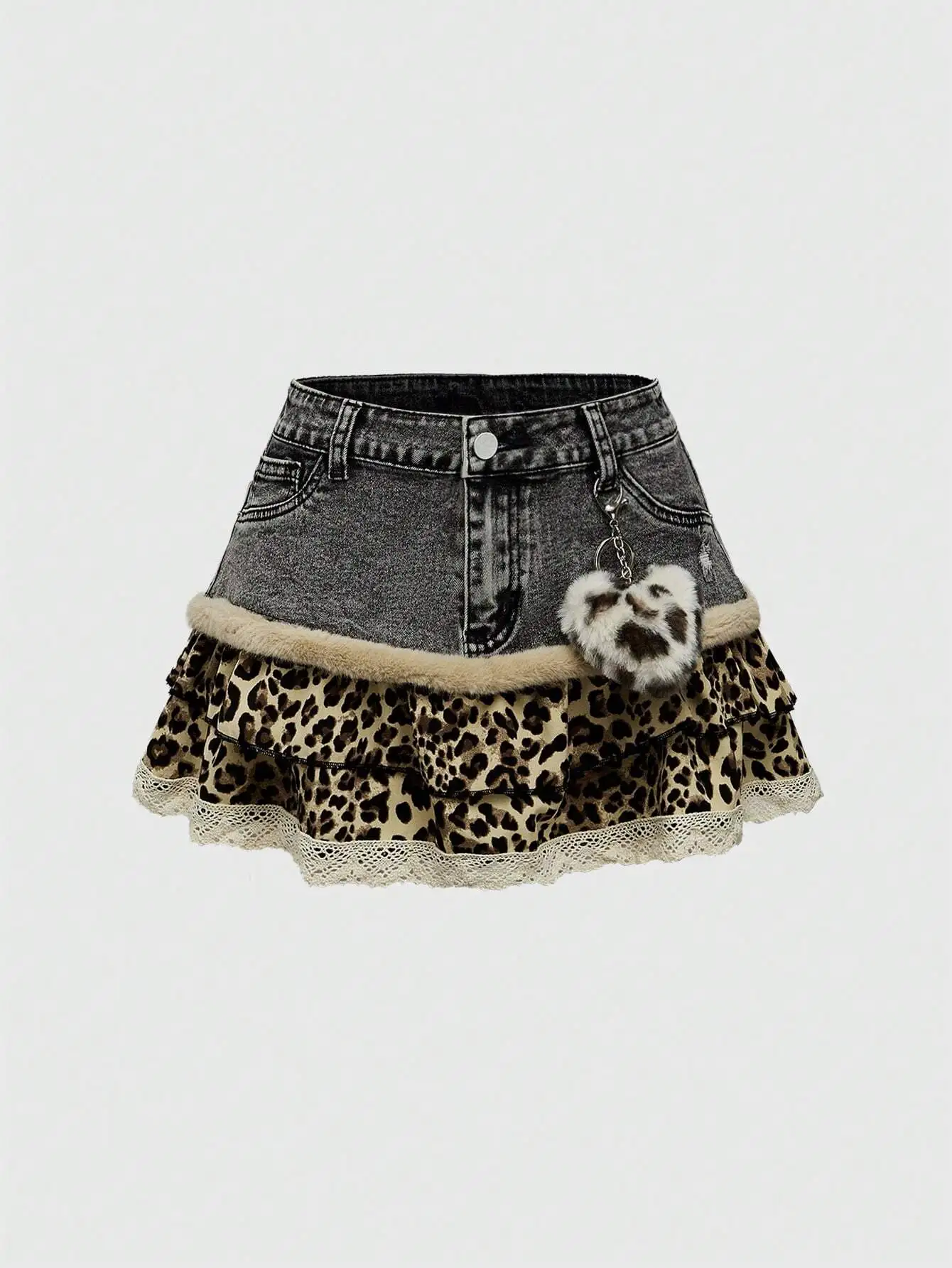 

Grunge Punk Leopard Print Ruffle Hem Denim Mini Skirt With Faux Fur Trim