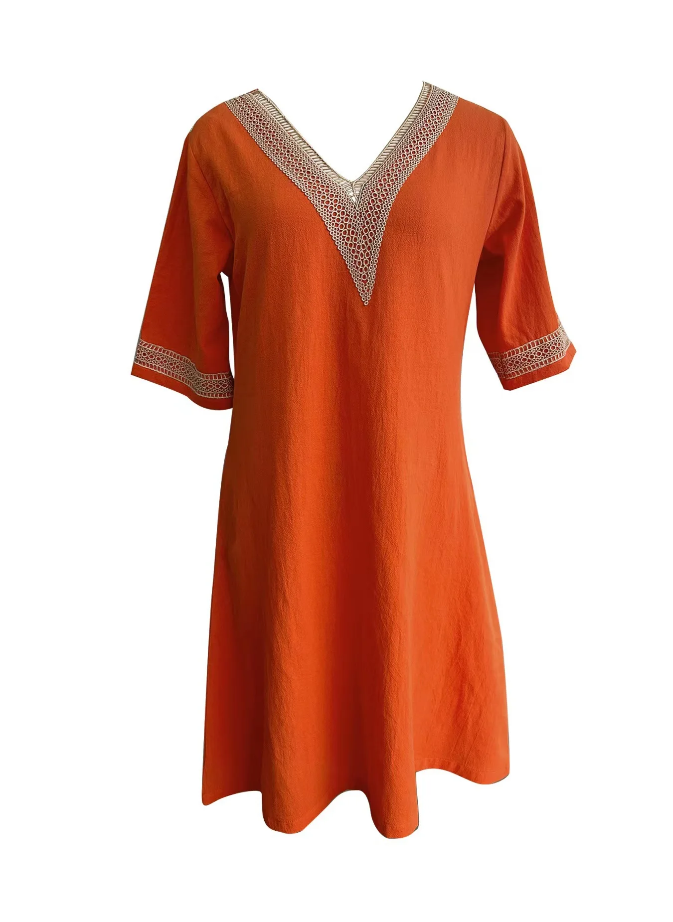 

Women's Dress V-neck Lace-Wrinkle-Blur Comfortable Solid Color Elegant Half-Sleeve Simple Casual Vacation Mid-Long Skirt