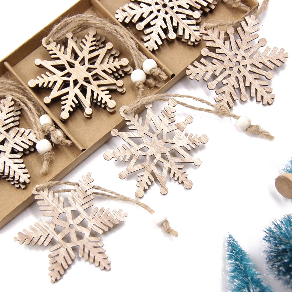 12PCS/Box Wooden Snowflake Crafts Vintage Pendants Xmas Hanging Ornaments for Noel Tree Decorations Kids DIY Painting Gifts