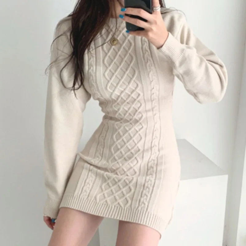 Spring Autumn 2025 Sexy  Waist ort Knitted Sweater Dr Women's round Ne Long Sve Pure Color Base Layer Skirt