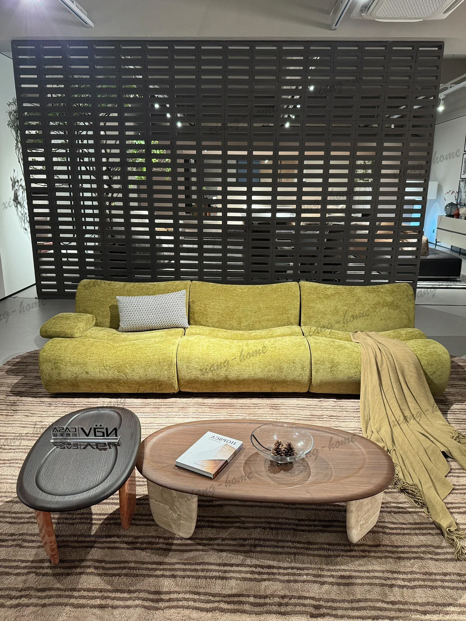 PG Mustard Chenille Modular Sofa Curved Wavy Backrest Floor Style Deep Seat Scatter Pillows For Living Room Villa Bedroom Home