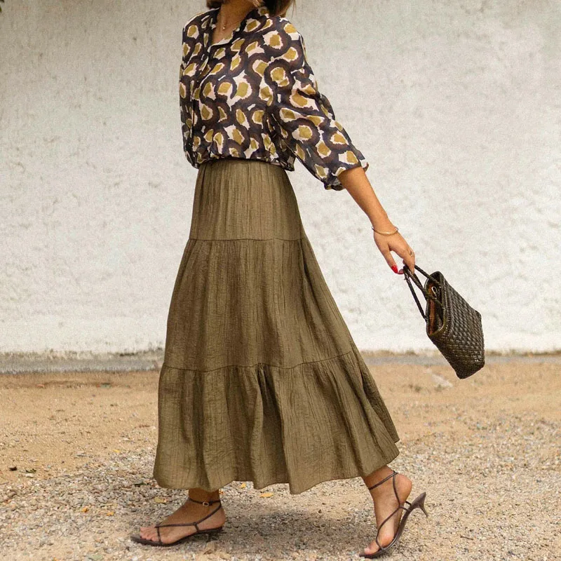 

Повседневный плиссированный костюм с длинной юбкой и длинными рукавами, женский модный комплект из 2 предметов на пуговицах, элегантная рубашка с v-образным вырезом и полуюбкой с принтом, наряды