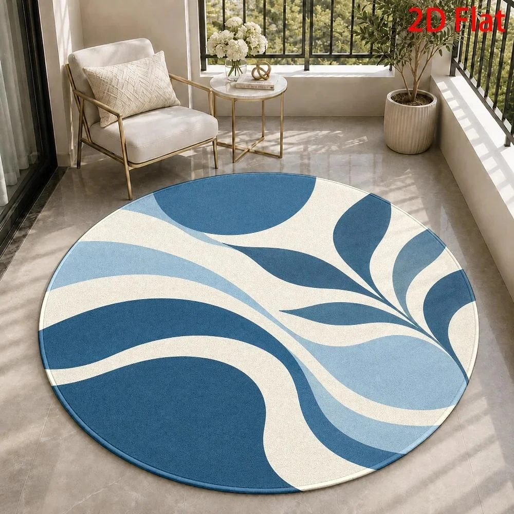Abstract Blue Leaf Curved Shape Round Rug, Geometric Organic Circular Floor Carpet, Muted Tone Art Mat for Balcony Sunroom