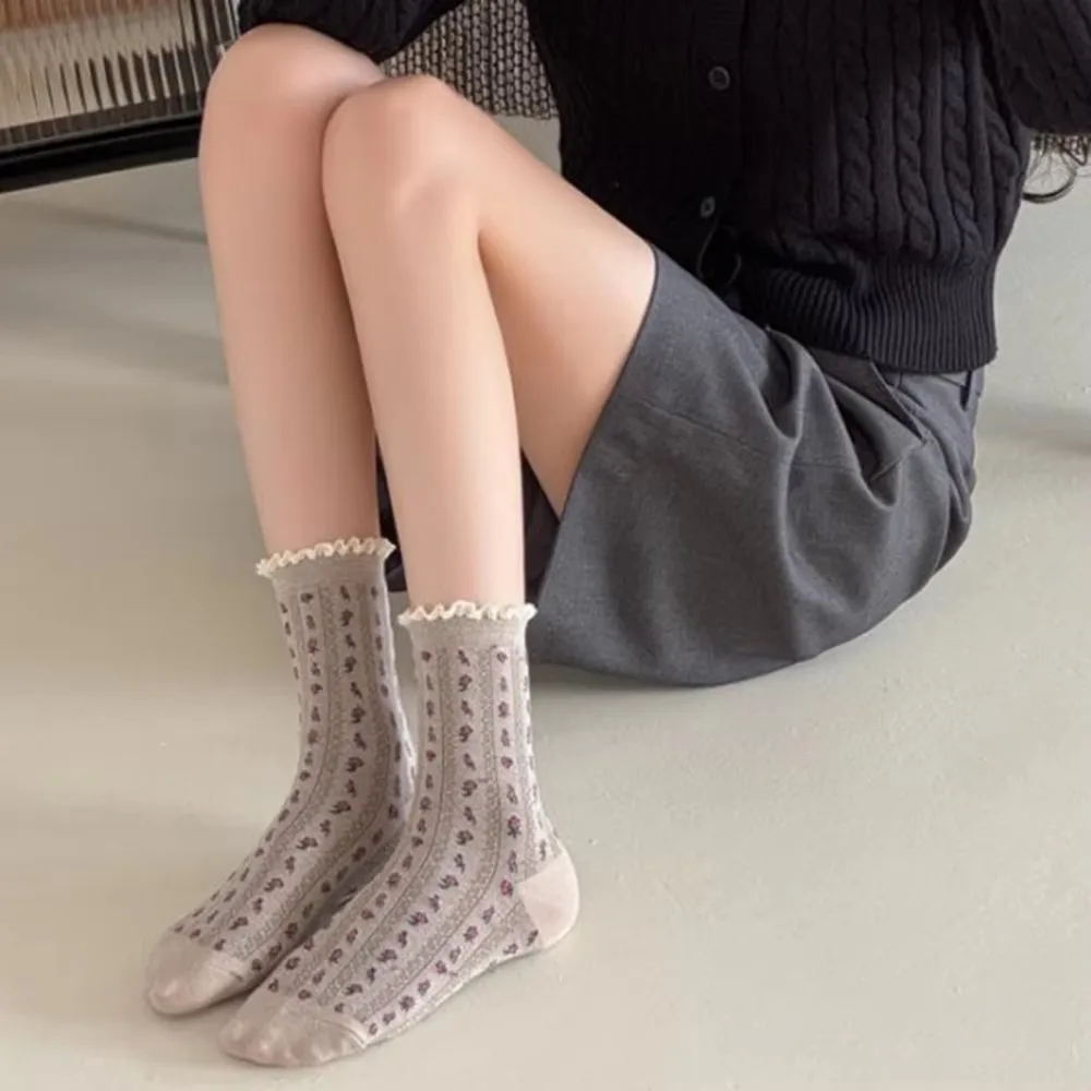 5 Paar süße süße florale Spitzenrand-Damensocken im japanischen Stil, modisch, lang, Herbst-Winter-Streetwear, Happy Socken Damen – Detail 2
